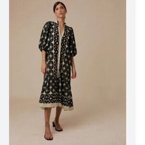 Lavi Women's Angela Dress Geometric Print Midi Puff Sleeve Ruffle- Size XS